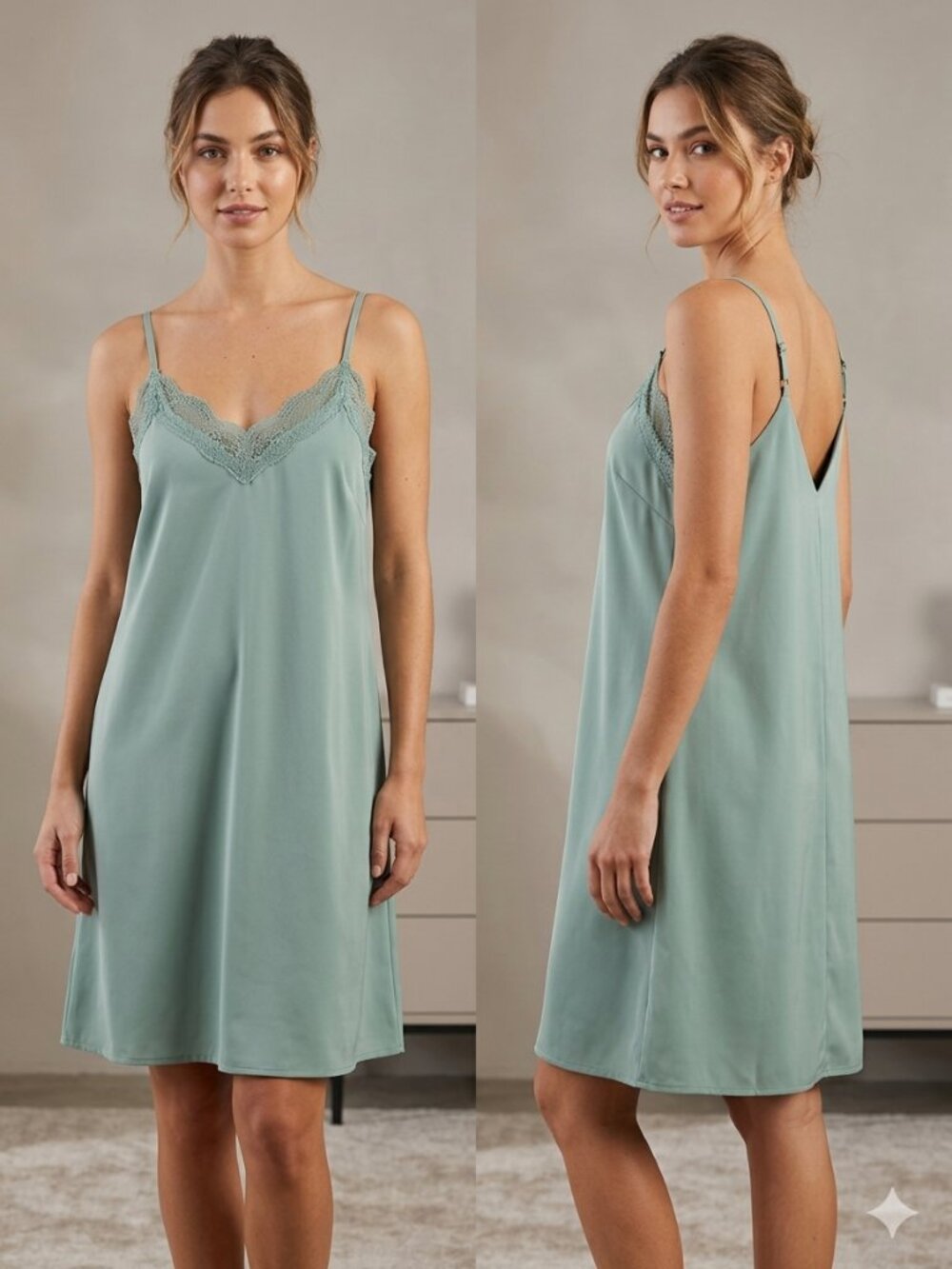 Vintage Sage Green BabyDoll Lace Trim Slip Dress with Chemise Lining Size Large
